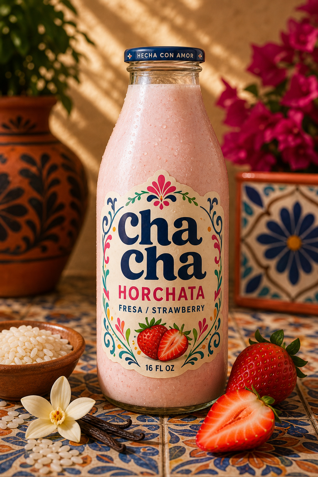 ChaCha Fresa horchata 16 oz glass bottle
