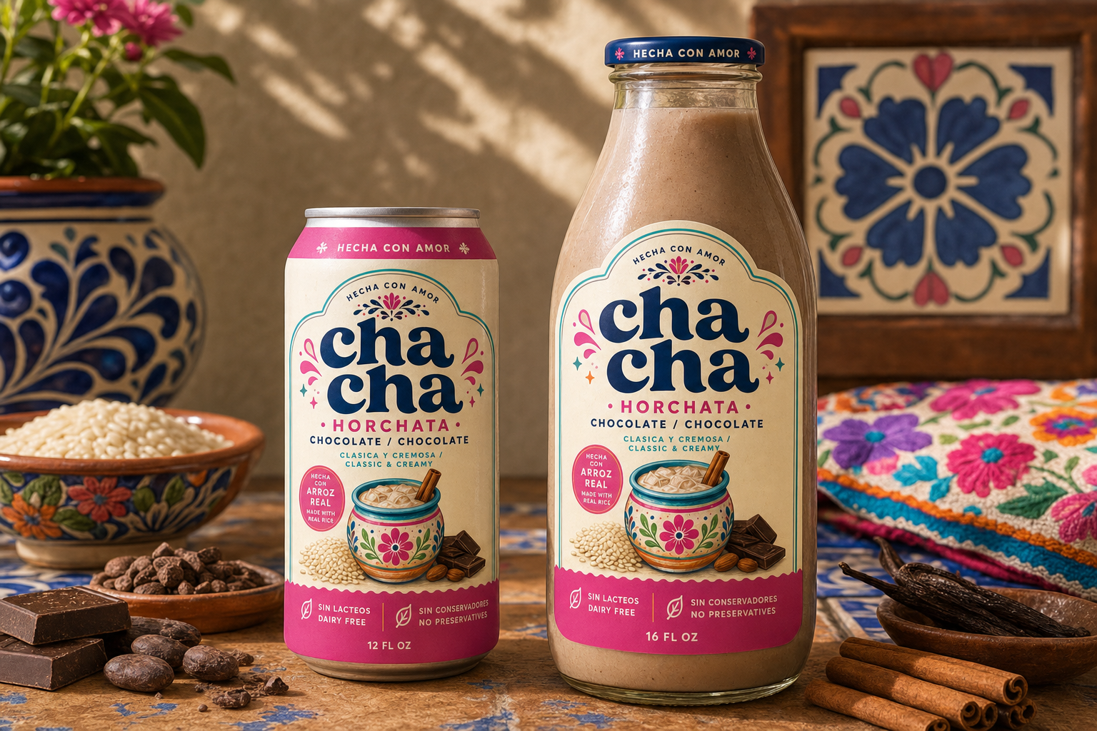 12 oz can and 16 oz glass bottle of cha cha Chocolate horchata