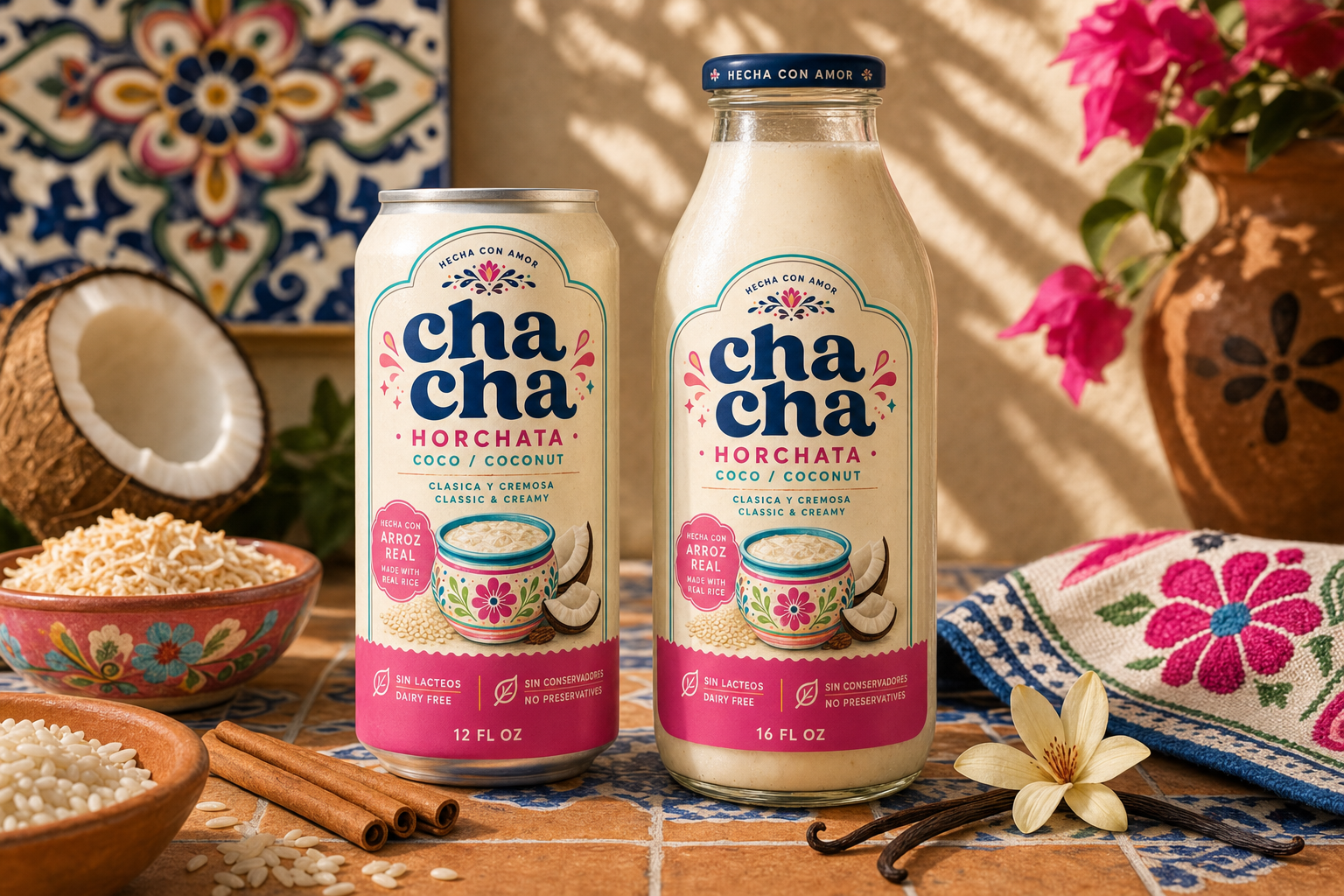 12 oz can and 16 oz glass bottle of cha cha Coco horchata