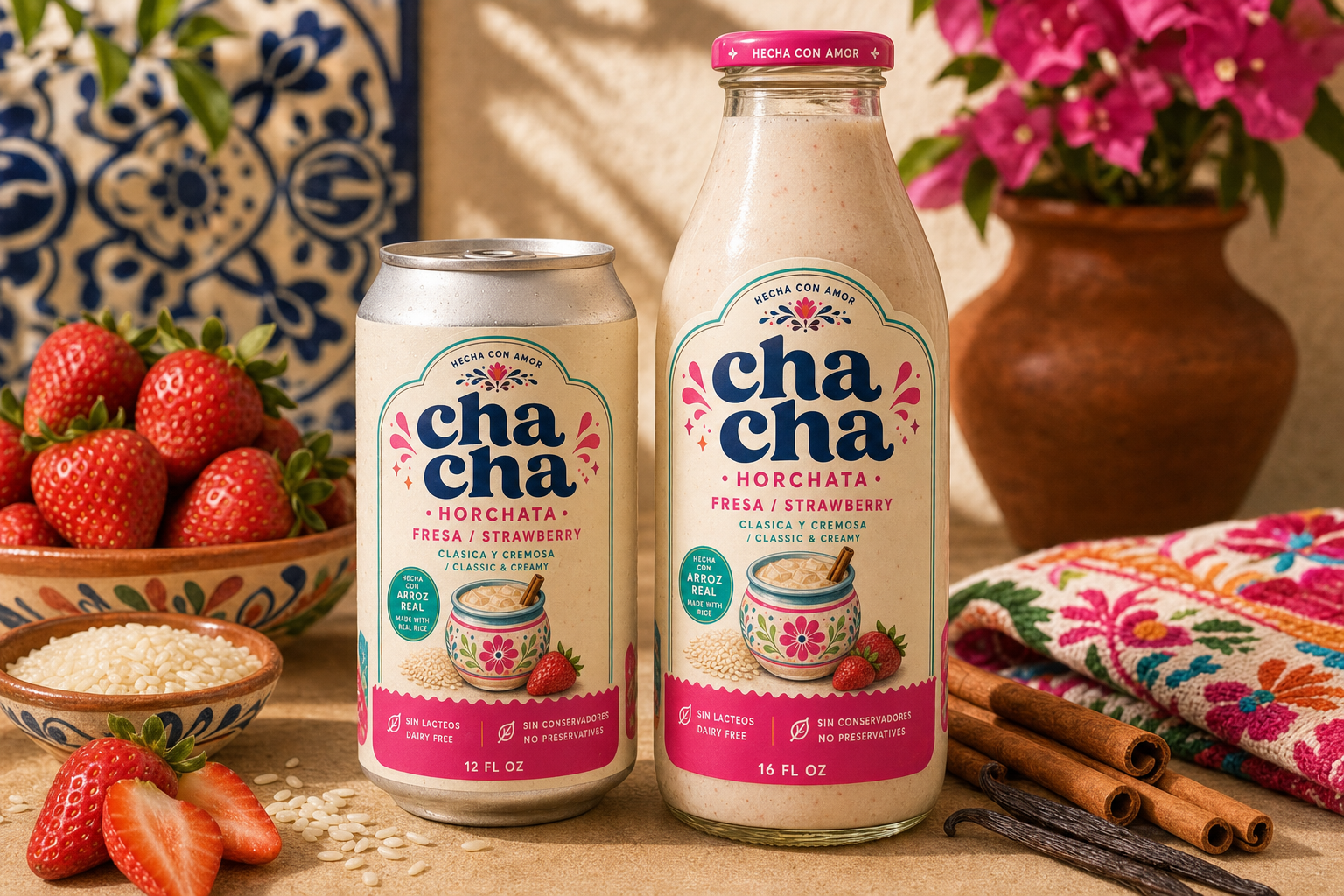 12 oz can and 16 oz glass bottle of cha cha Fresa horchata
