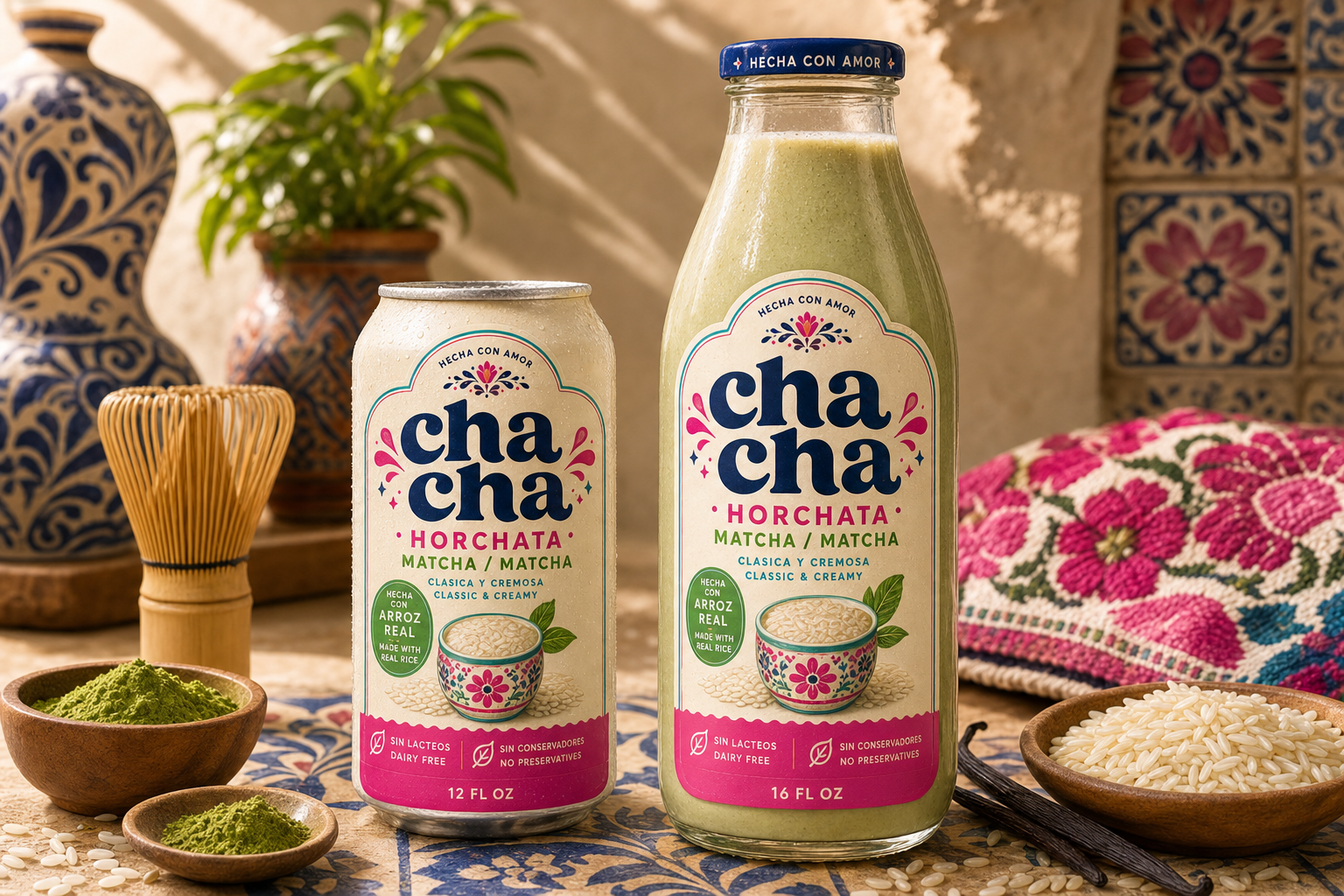 12 oz can and 16 oz glass bottle of cha cha Matcha horchata