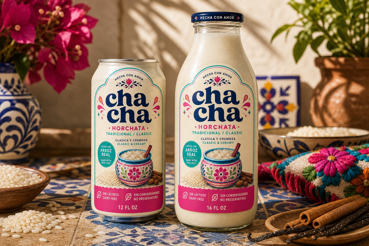 12 oz can and 16 oz glass bottle of cha cha Tradicional horchata