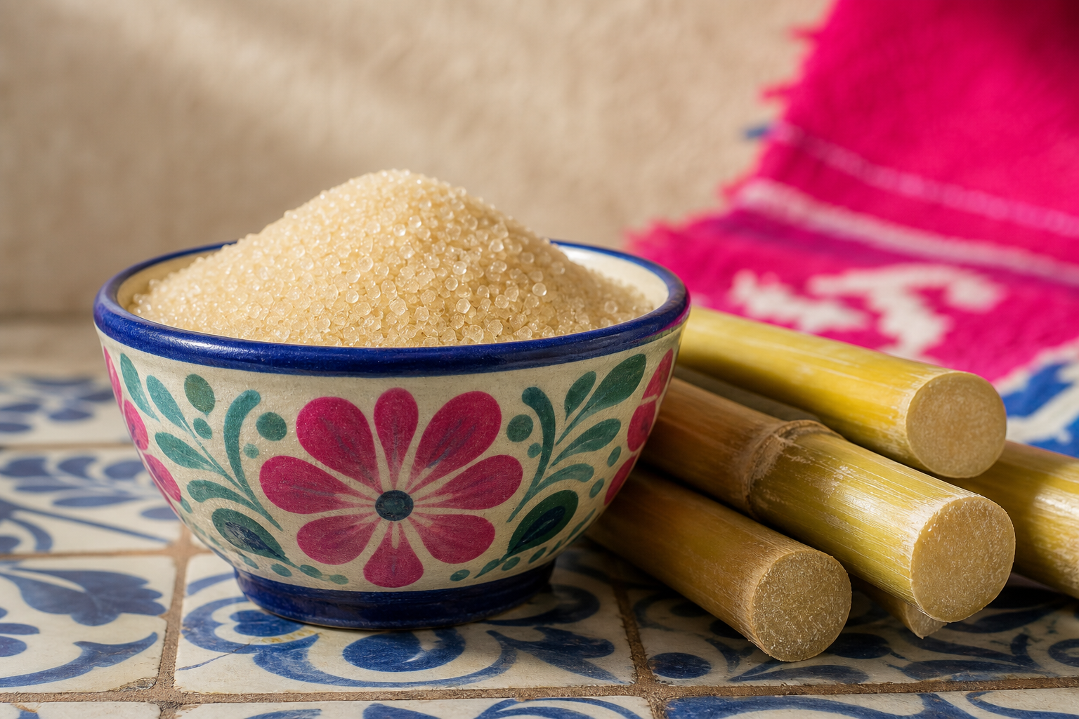 Raw cane sugar crystals and sugar cane pieces