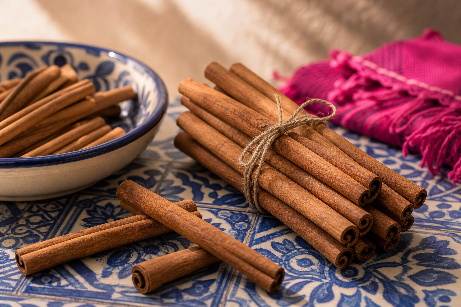 Ceylon cinnamon sticks on a Talavera tile surface