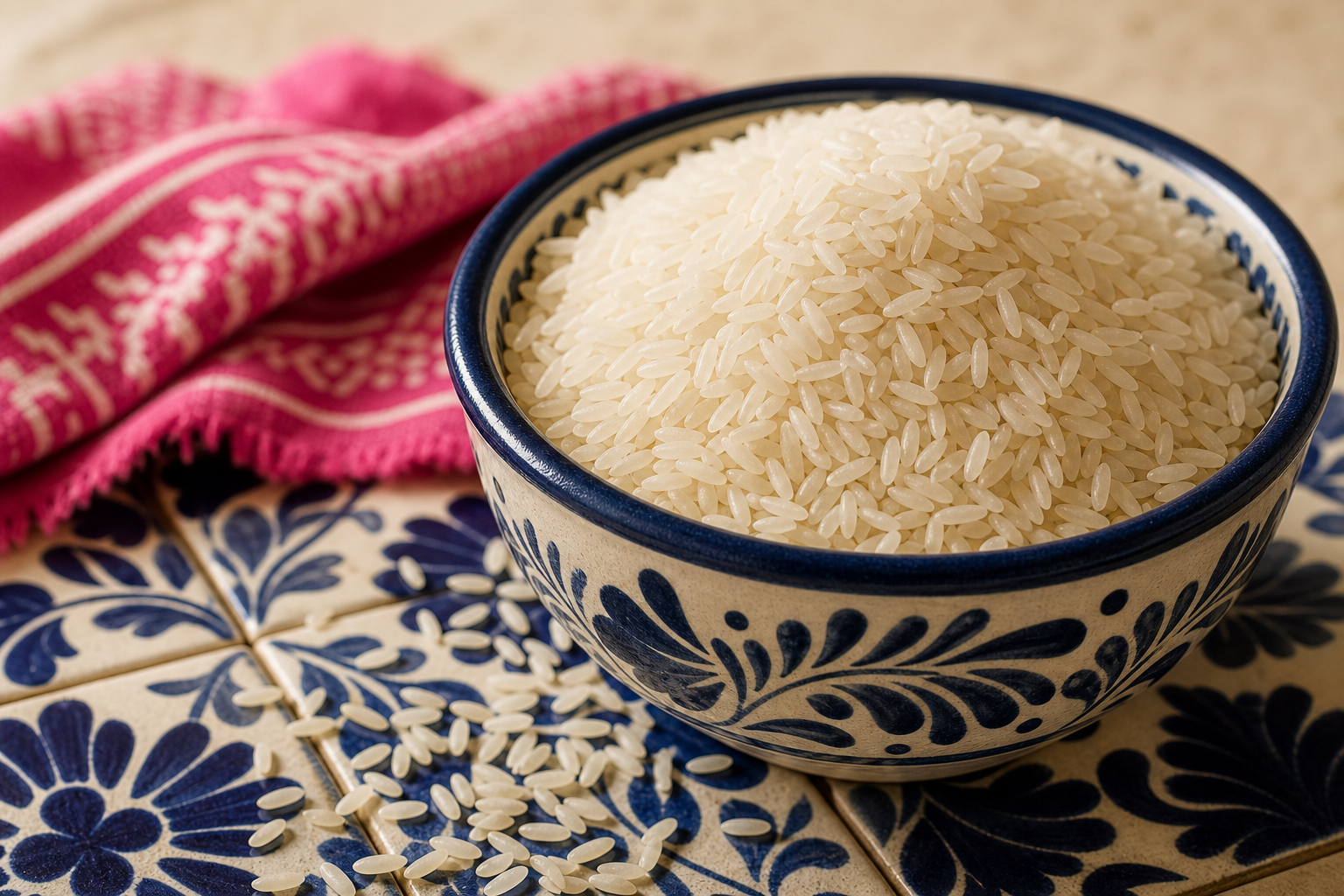 Long grain rice in a hand-painted ceramic bowl