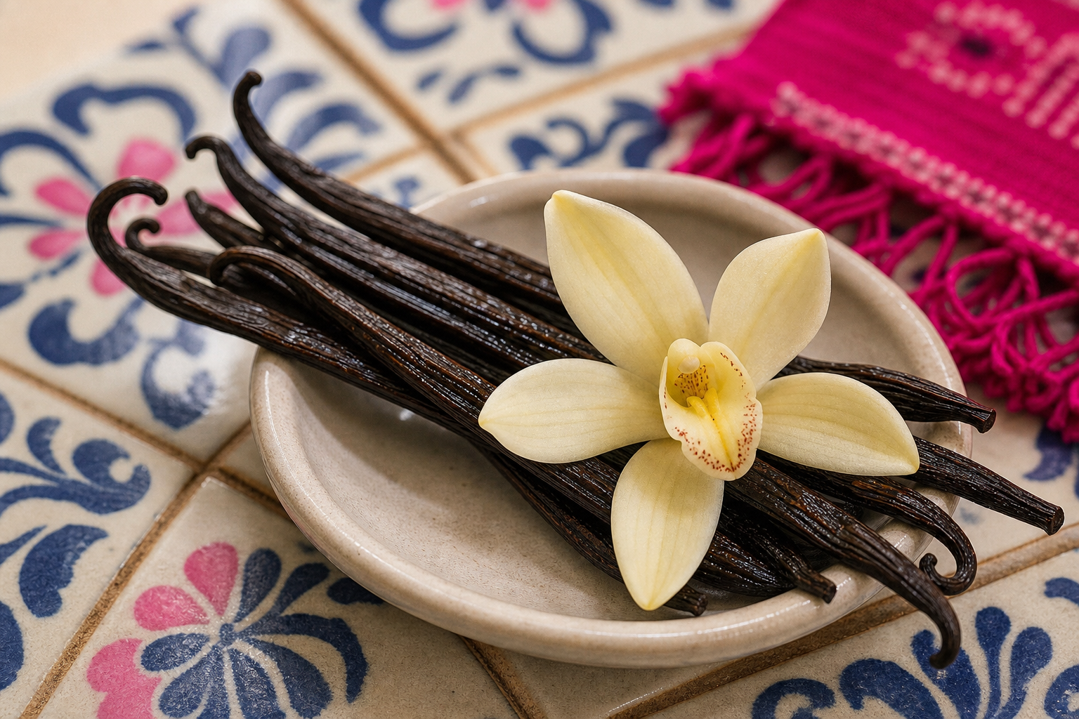 Vanilla beans and vanilla flower in a ceramic dish