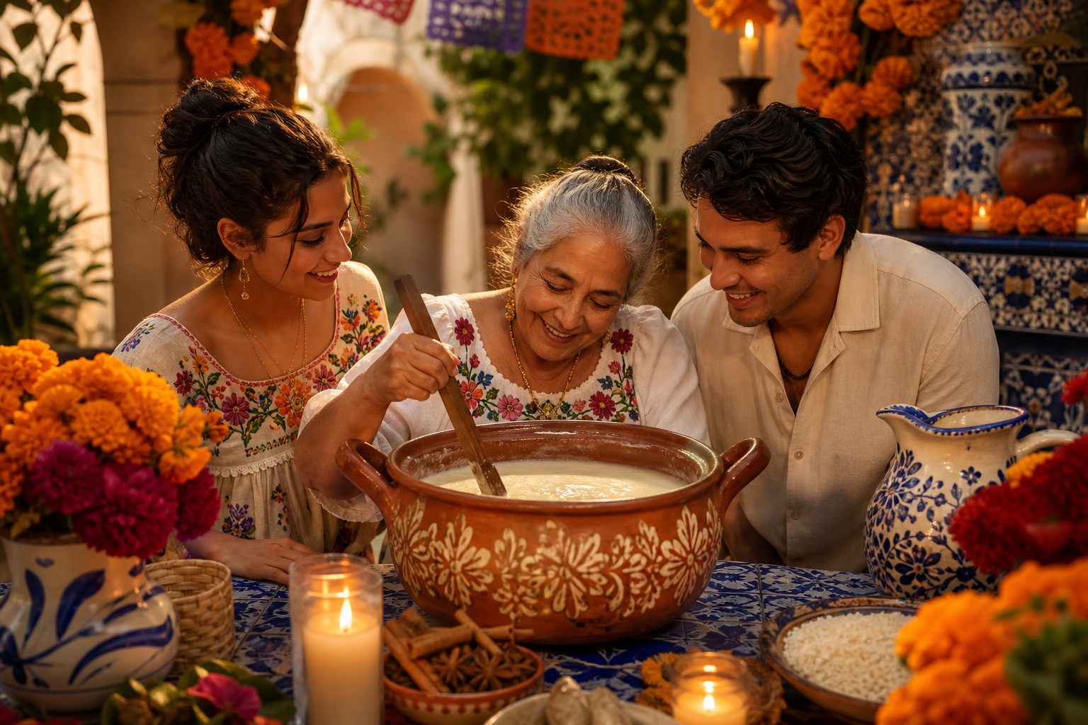 Family preparing horchata in a tiled Mexican courtyard kitchen